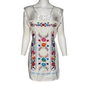 Mexican Embroidered Traditional Peasant Dress Size G, L White Floral Boho Huipil